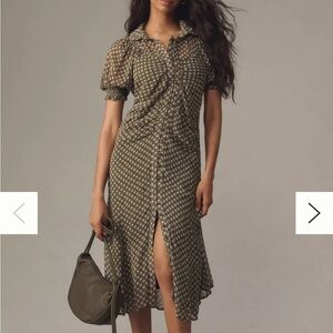 By Anthropologie Puff-Sleeve Ruched Mesh Midi Shirt Dress